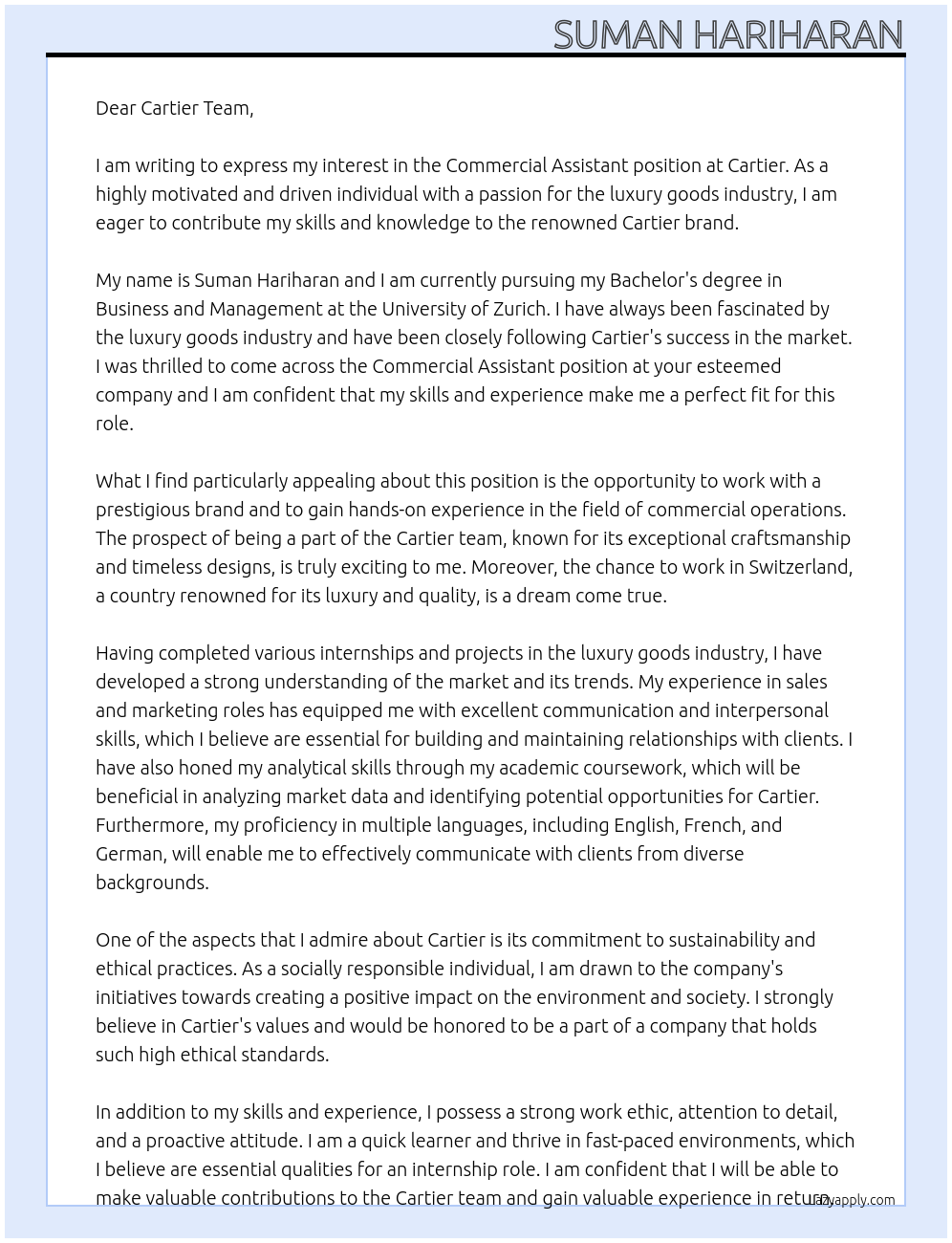 commercial assistant At Cartier Cover Letter