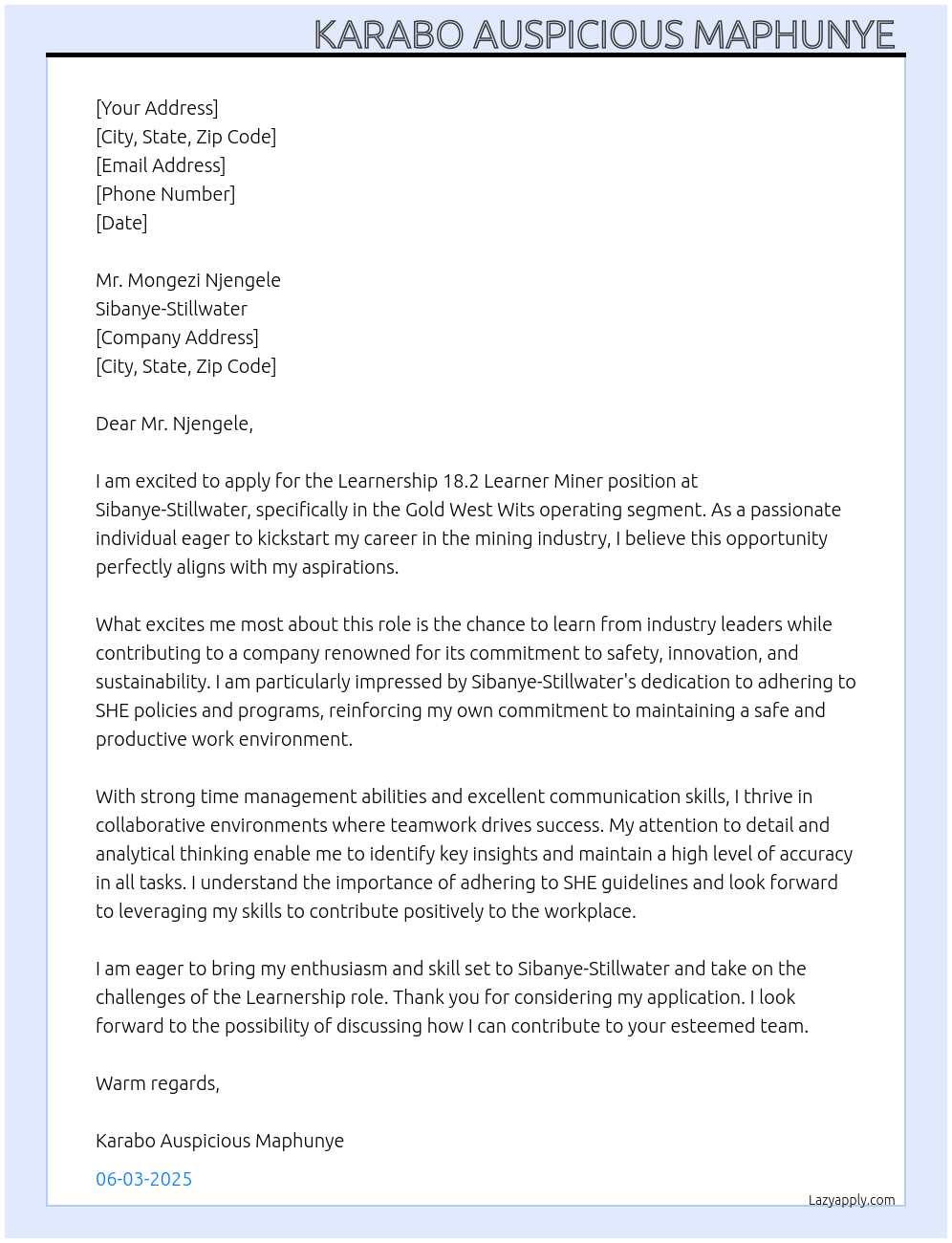 Learnership 18.2 Learner Miner At Sibanye-Stillwater Cover Letter