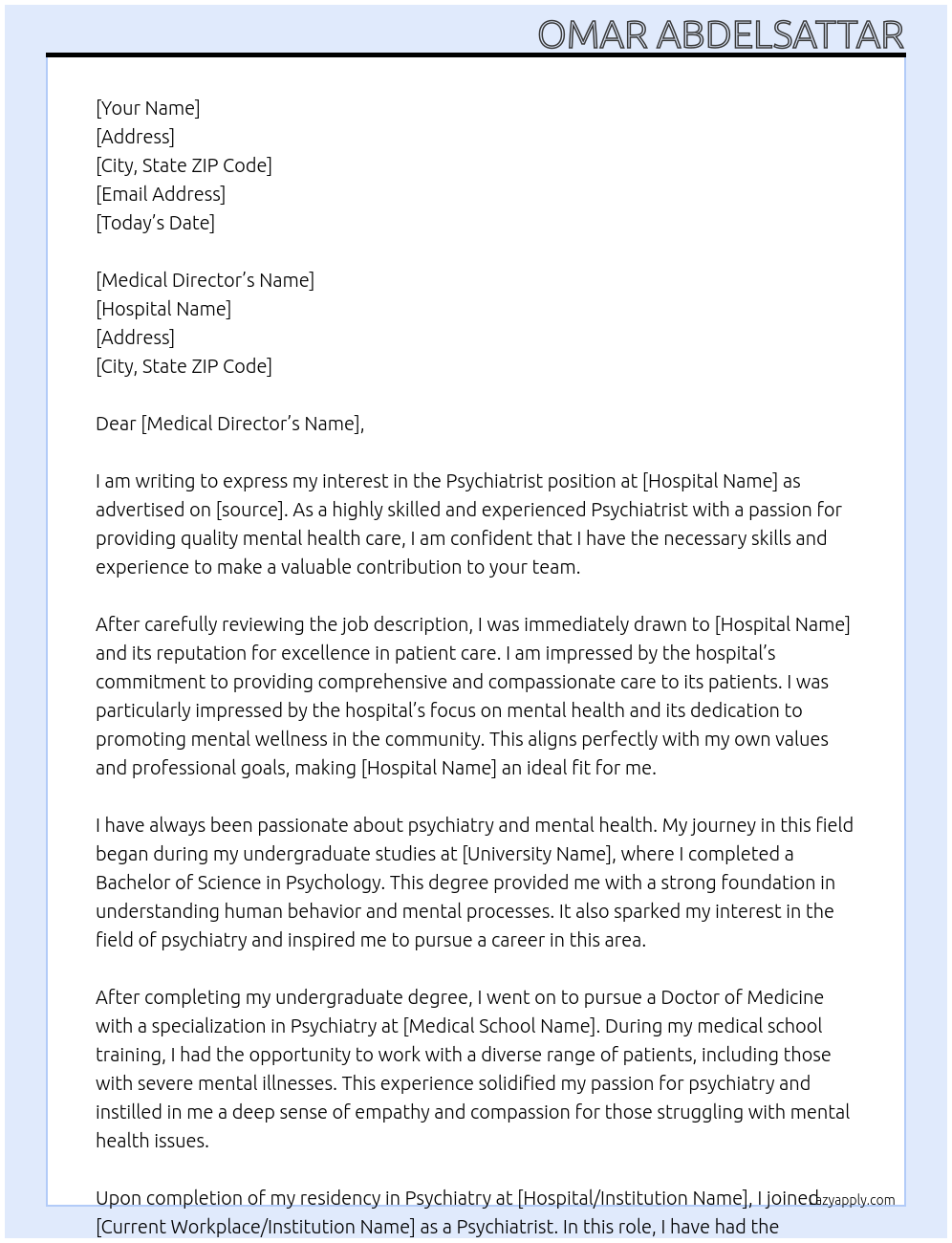 Psychiatrist At Hospital Cover Letter