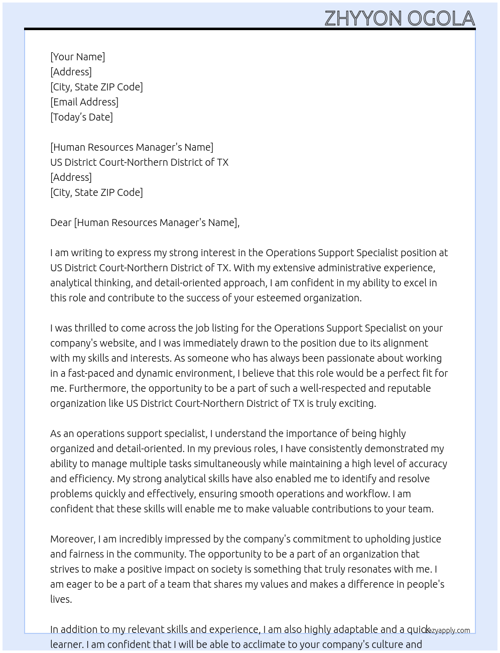 Operations Support Specialist At US District Court-Northern District of TX Cover Letter