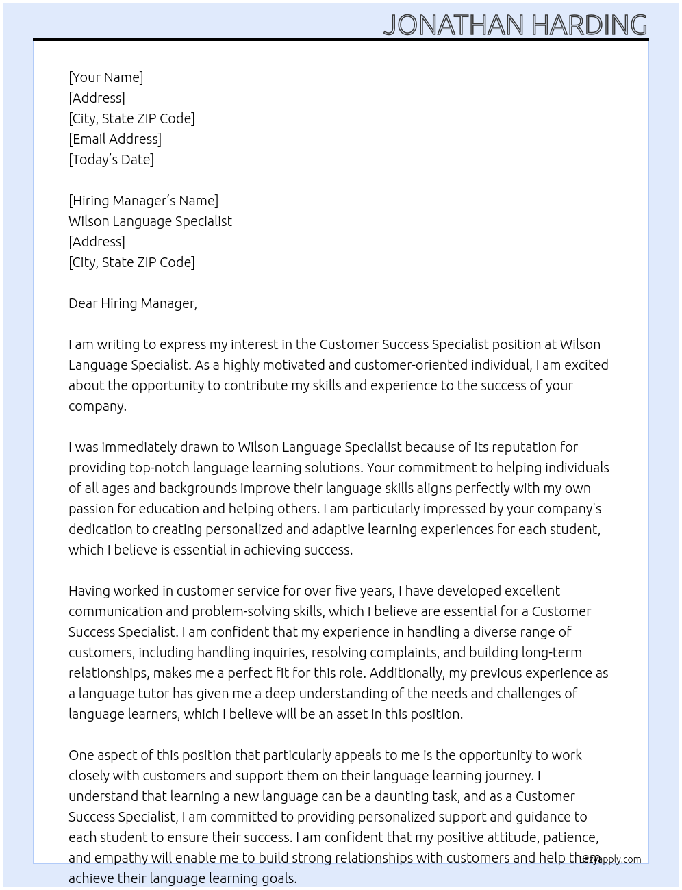 Customer Success Specialist At Wilson Language Specialist Cover Letter