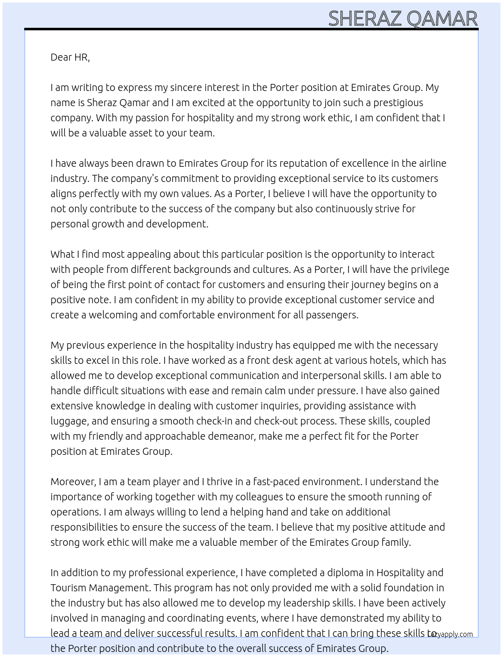 Porter At Emirates group Cover Letter