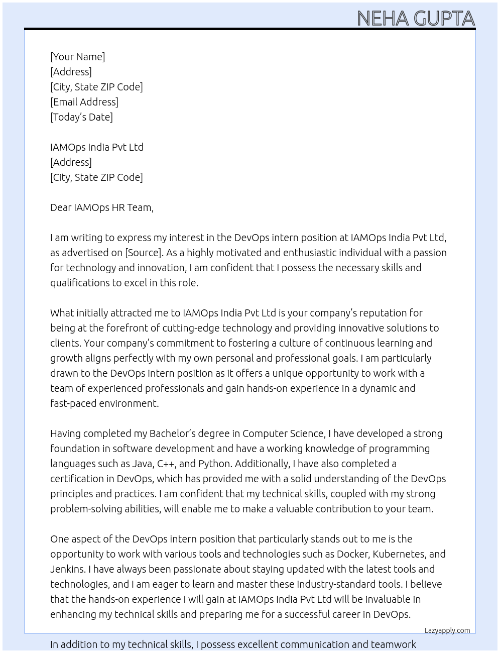 DevOps intern At IAMOps India pvt Ltd Cover Letter