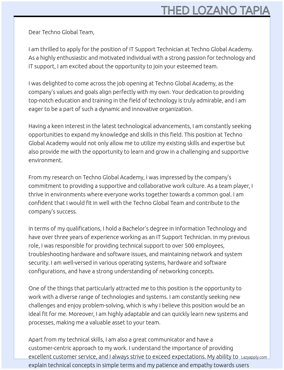 IT Support Technician At Techno Global Academy Cover Letter