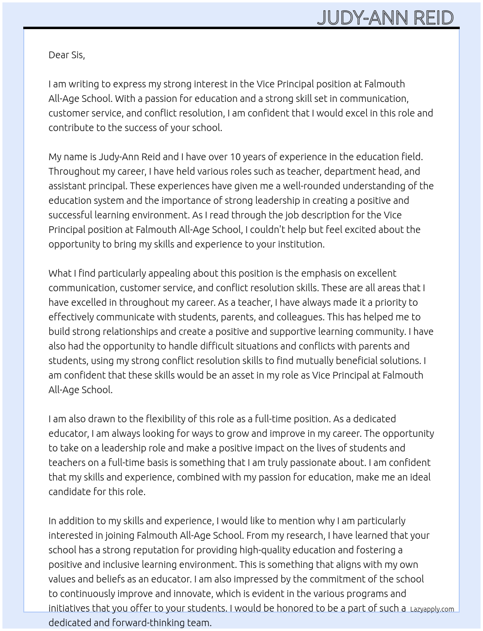 vice principal At Falmouth All-Age School Cover Letter