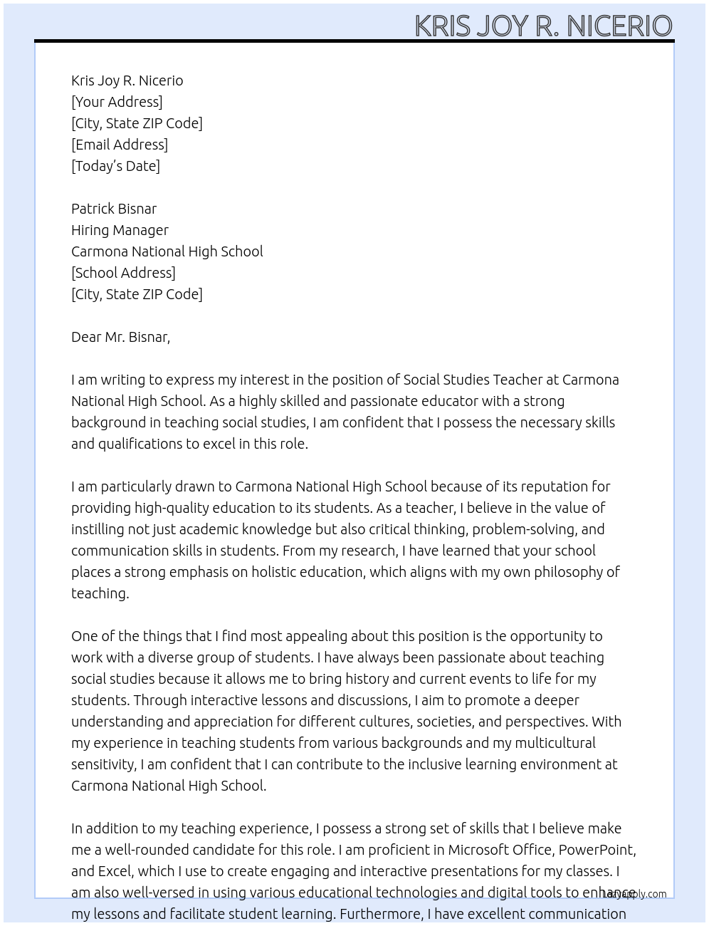 Social Studies Teacher At Carmona National High School Cover Letter