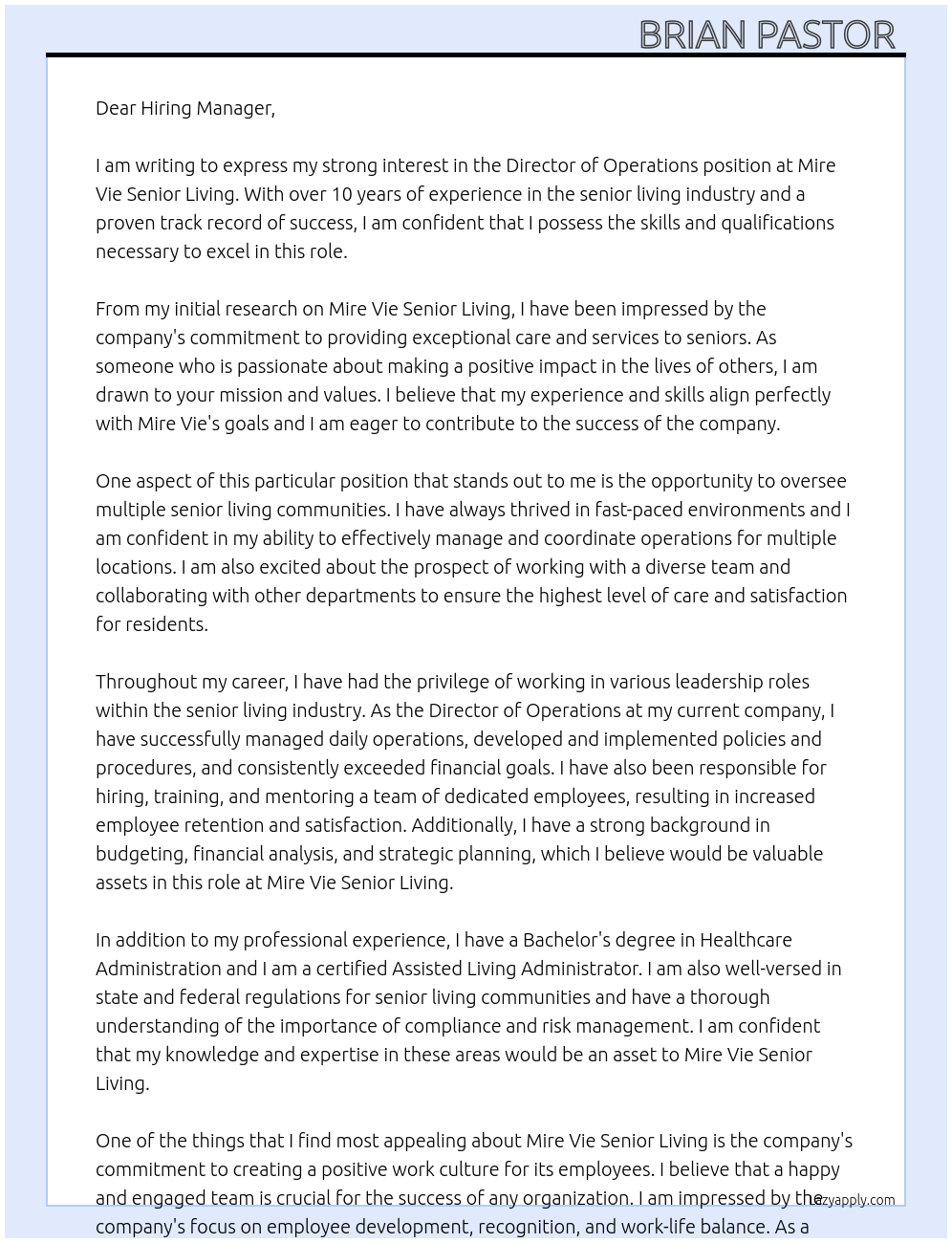 Director of Operations At MIre Vie Senior Living Cover Letter
