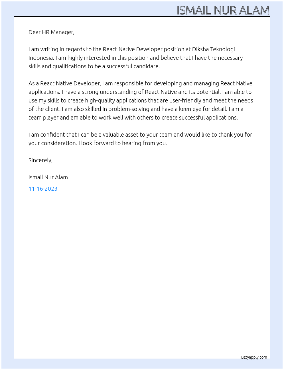 React Native Developer At Diksha Teknologi Indonesia Cover Letter