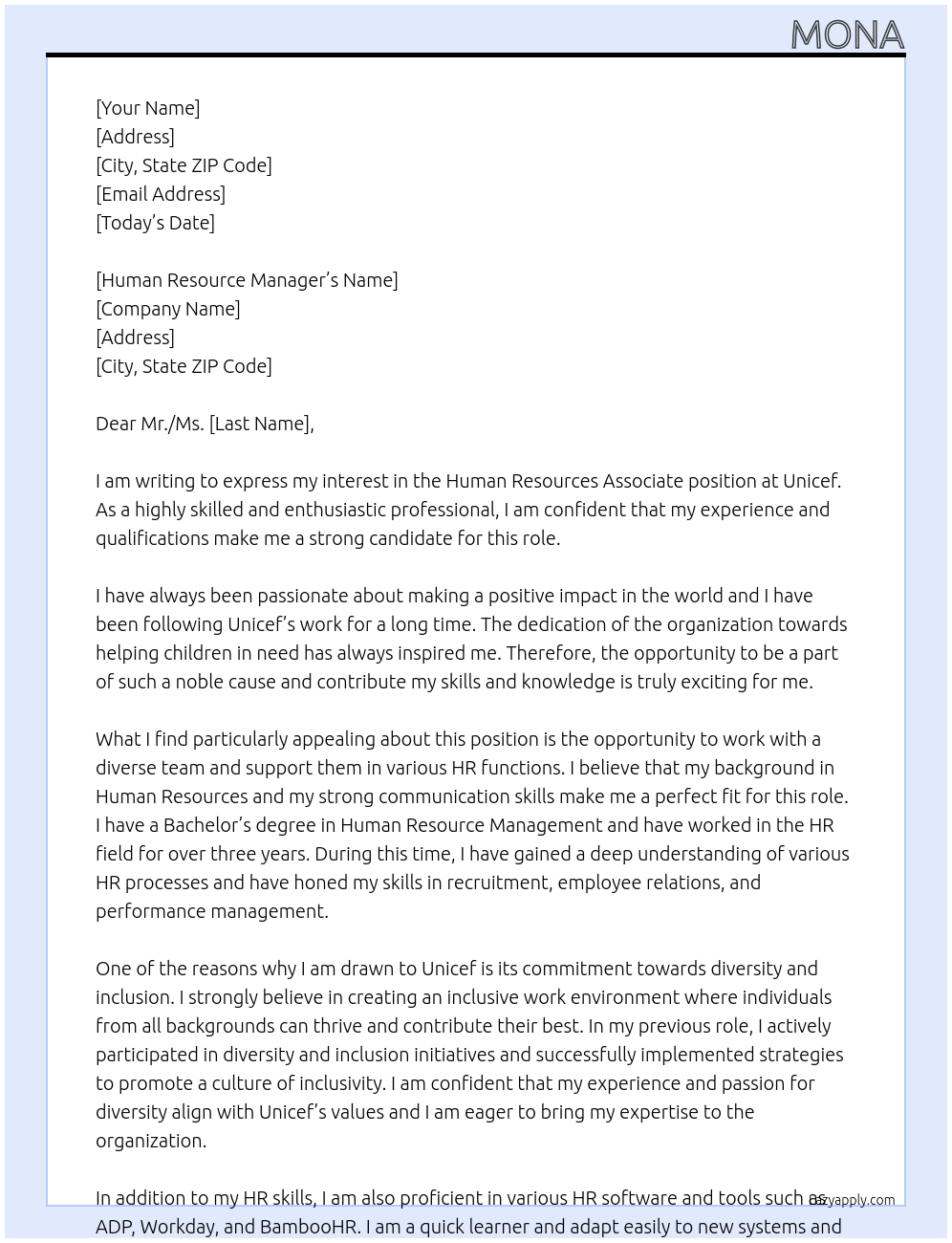 Human Resources Associate At Unicef Cover Letter