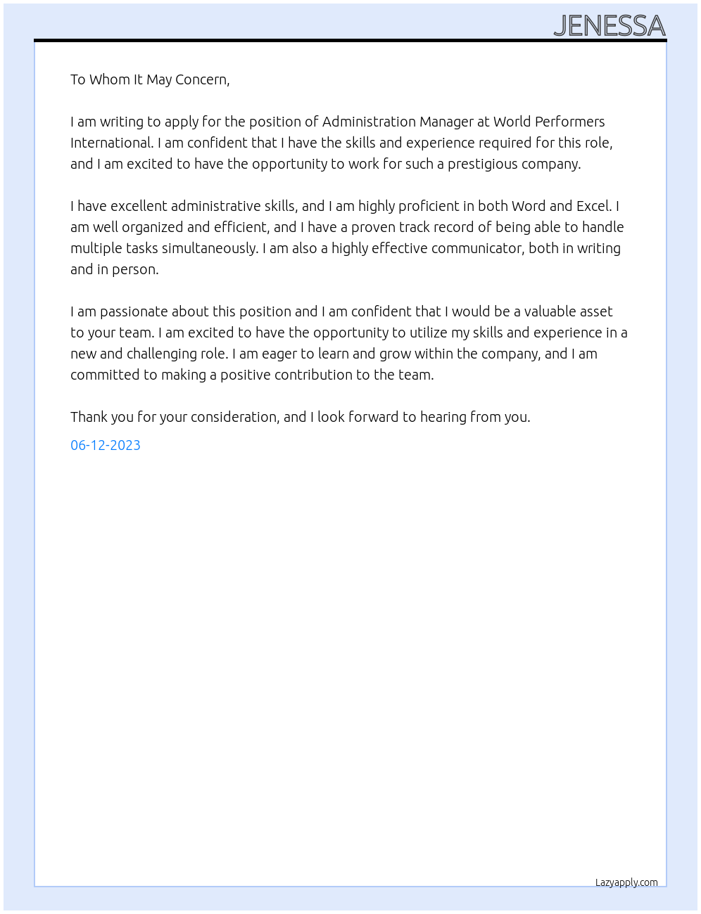 Administration Manager At World Performers International Cover Letter