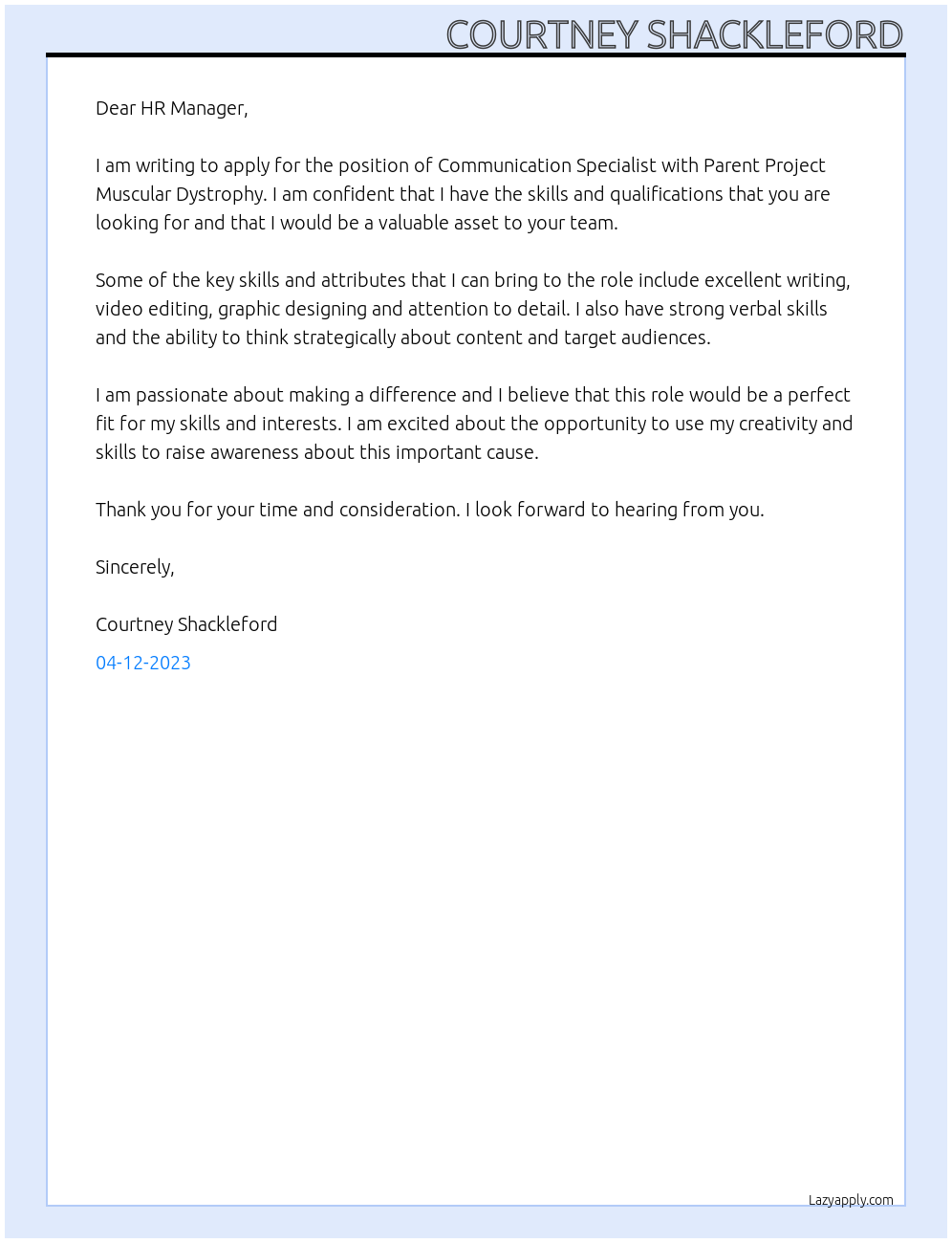 Communication specialist At Parent Project Muscular Dystrophy Cover Letter