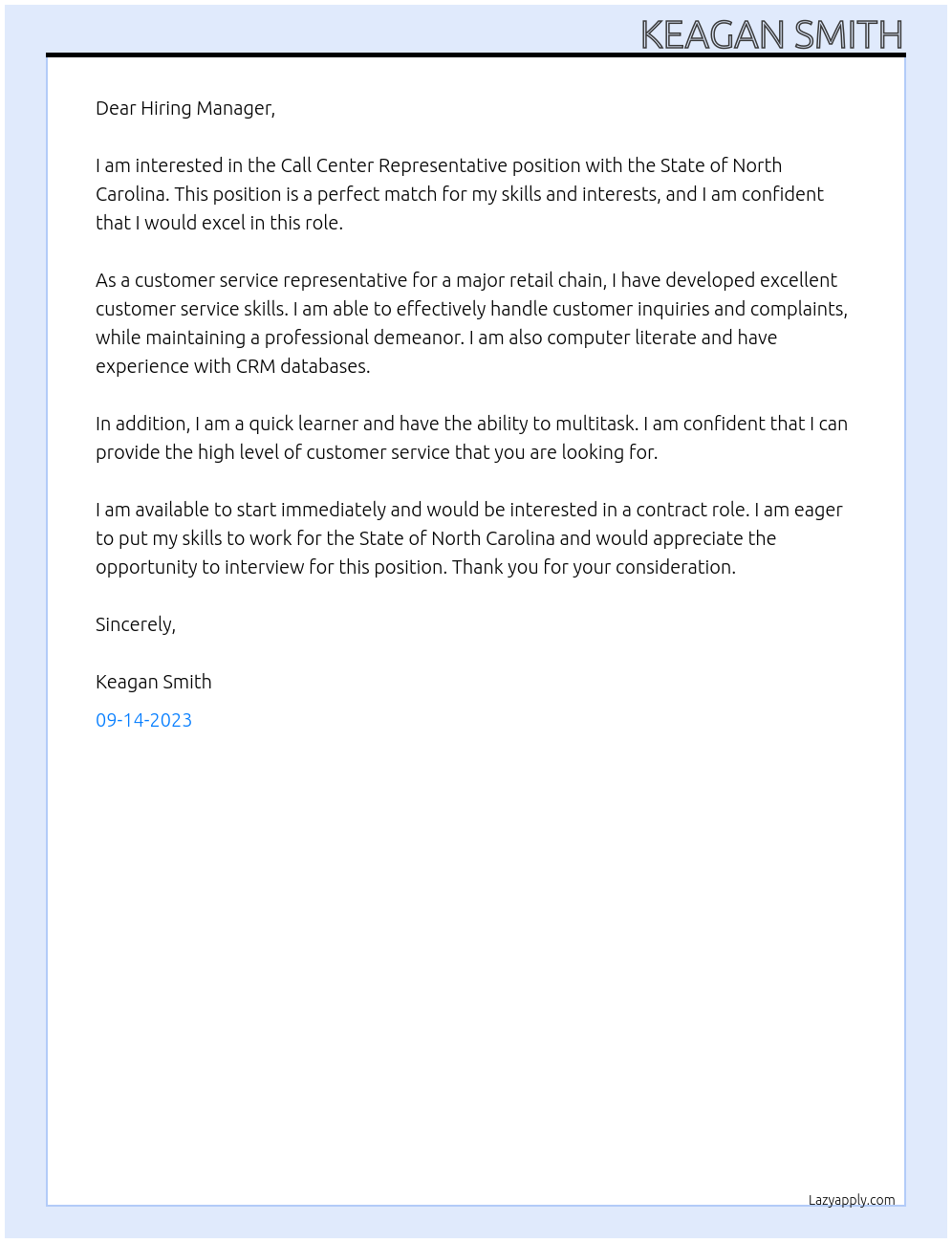 Call Center Representative At State of North Carolina Cover Letter
