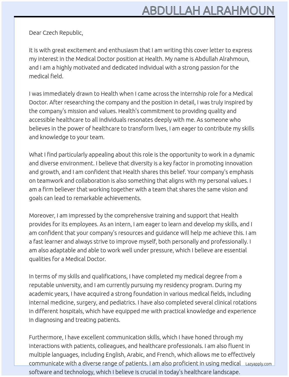 Medical Doctor At health Cover Letter