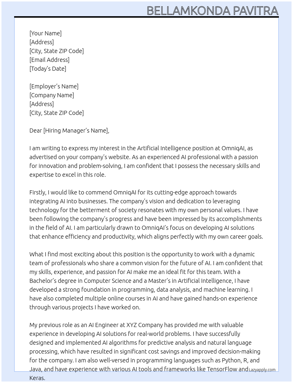 Artificial intelligence At OmniqAI Cover Letter