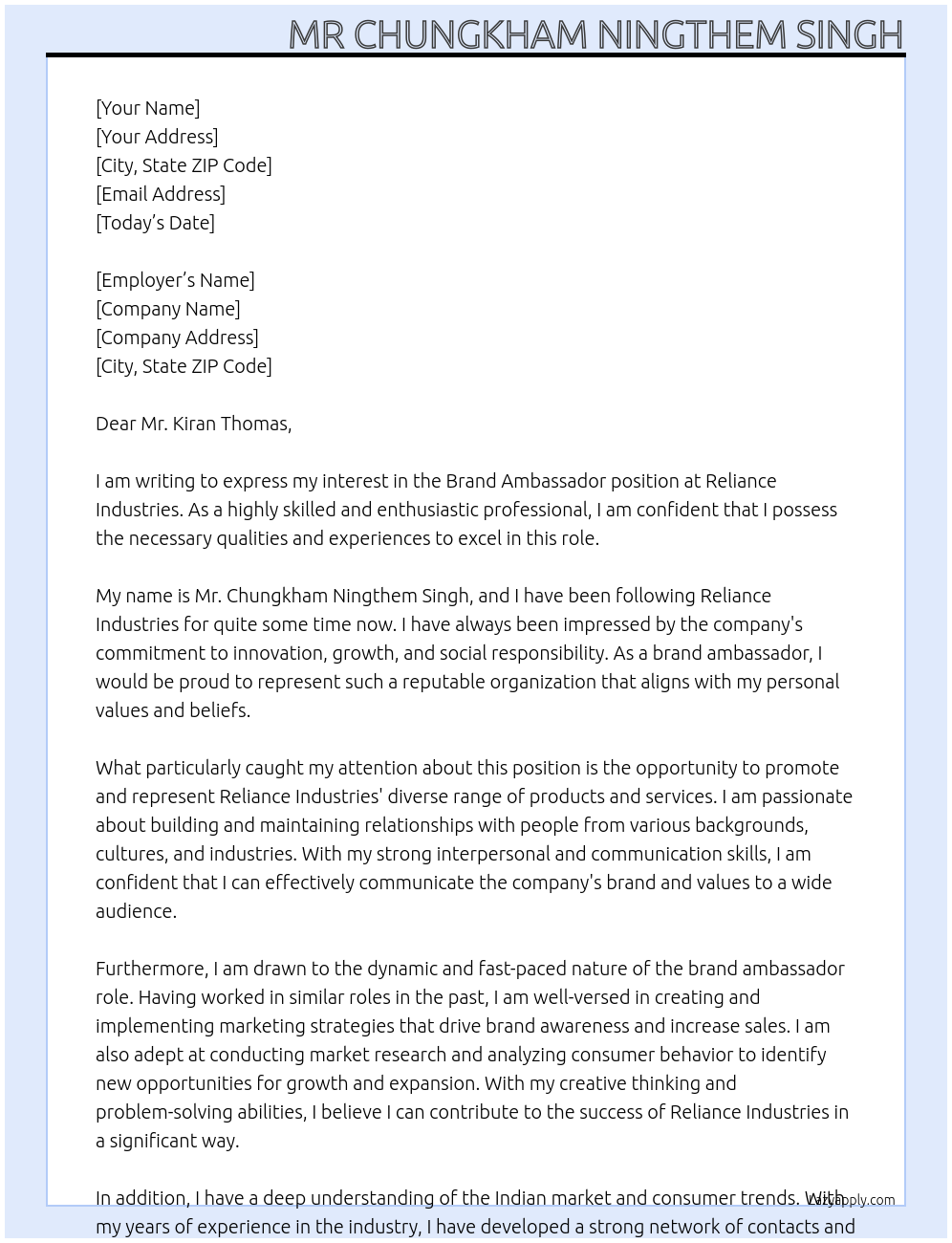 Brand Ambassador  At Reliance industries   Cover Letter