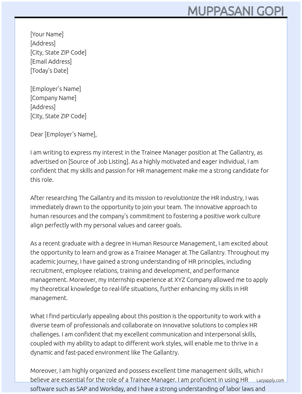 Trainee manager At The gallantry Cover Letter