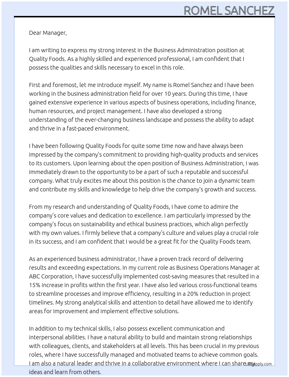 Business Administration At Quality Foods Cover Letter