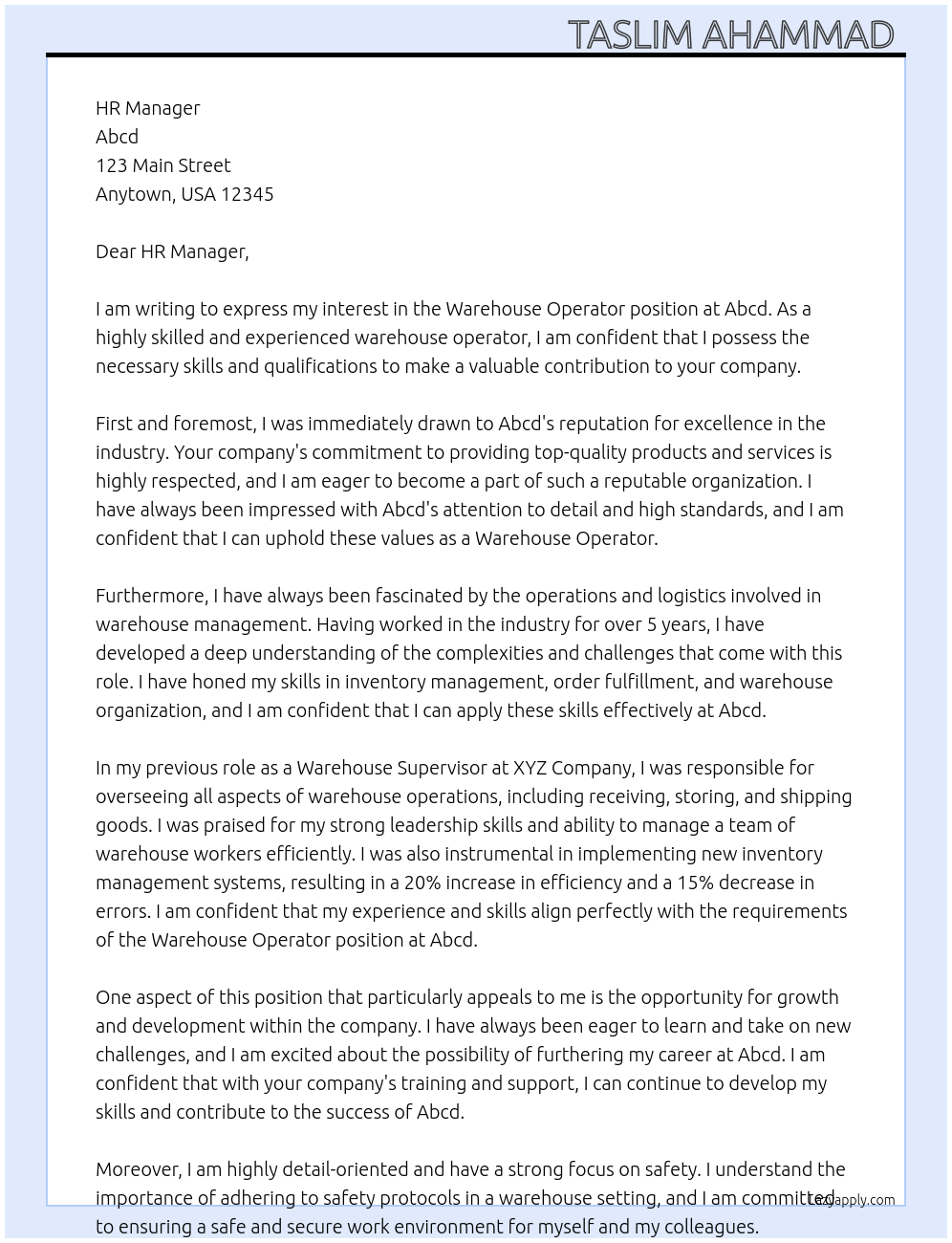 Warehouse operator At Abcd Cover Letter