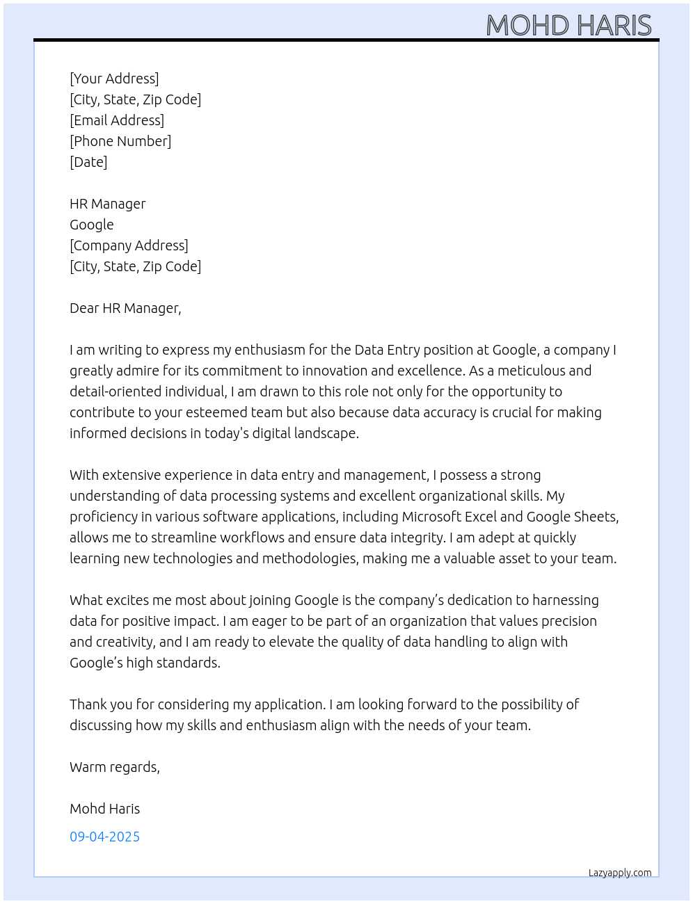 Data entry At Google Cover Letter