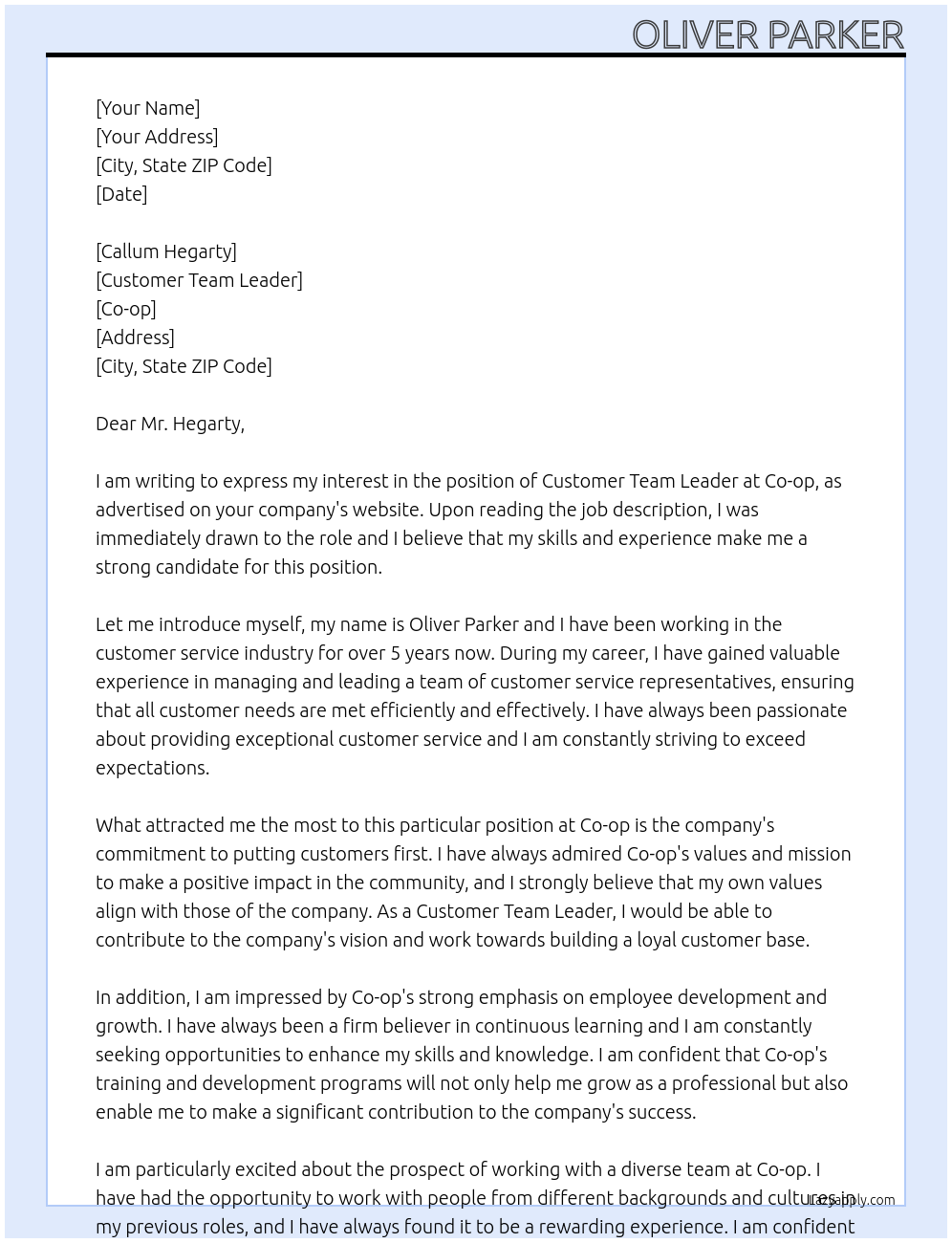 customer team leader At co-op Cover Letter