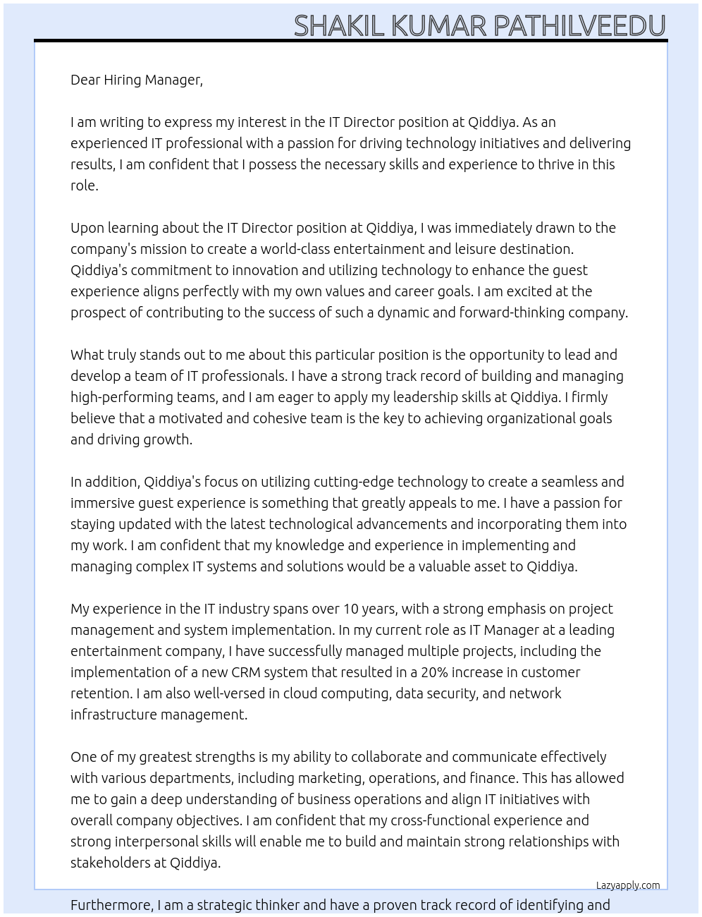 IT Director At Qiddiya Cover Letter