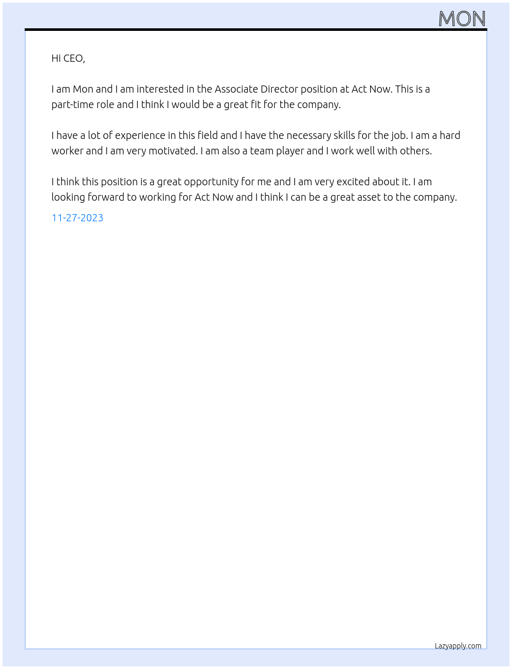 Associate Director At Act Now Cover Letter