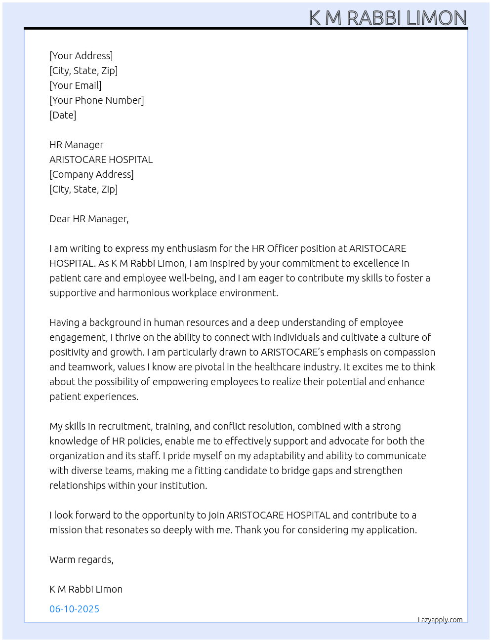 HR Officer At ARISTOCARE HOSPITAL Cover Letter