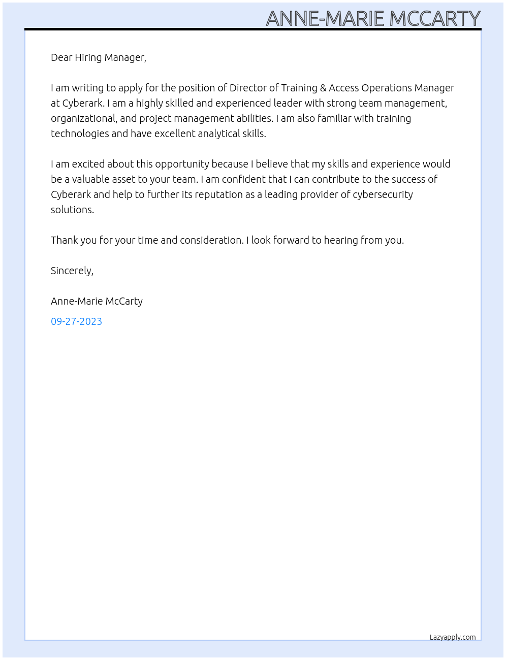 Director of TrainiTraining & Access Operations Managerng At  Cyberark Cover Letter