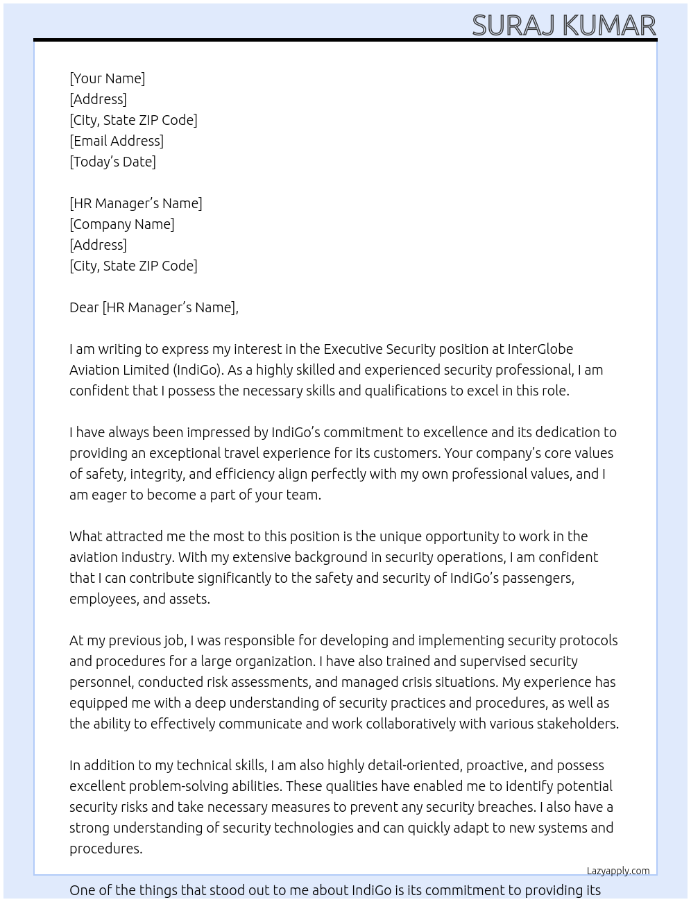 Executive Security At InterGlobe Aviation Limited (IndiGo) Cover Letter