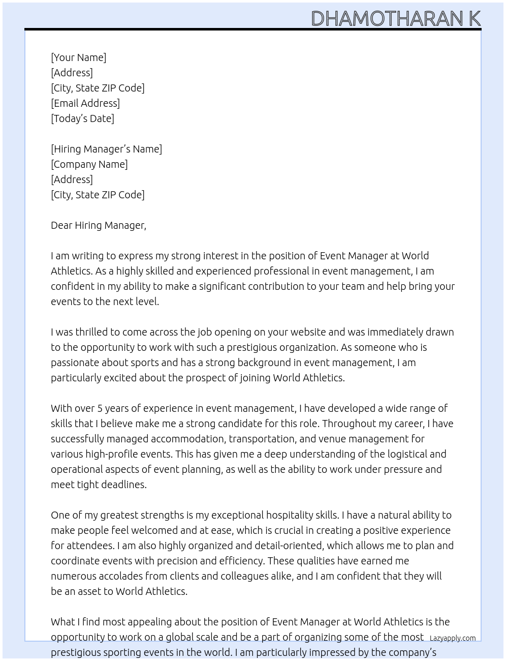 Event Manager At World Athletics Cover Letter