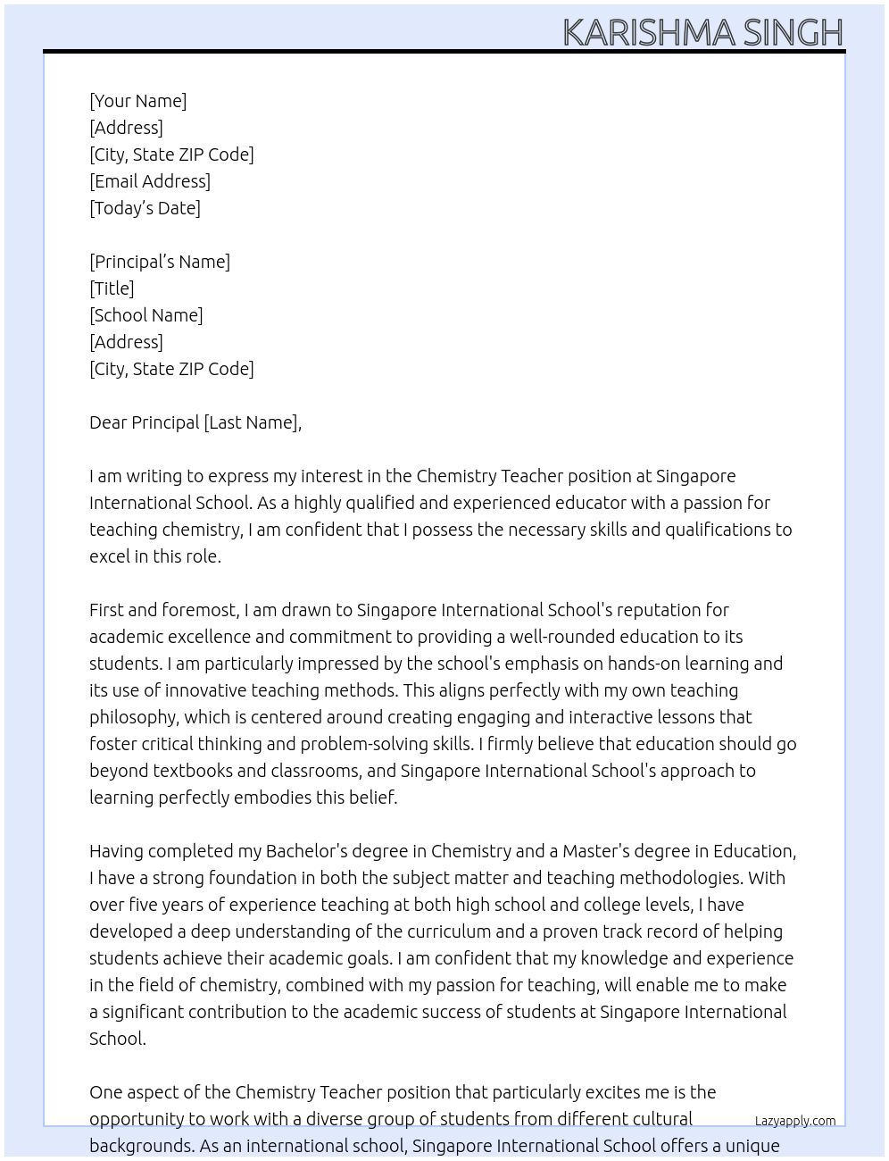 Chemistry Teacher At Singapore International School Cover Letter