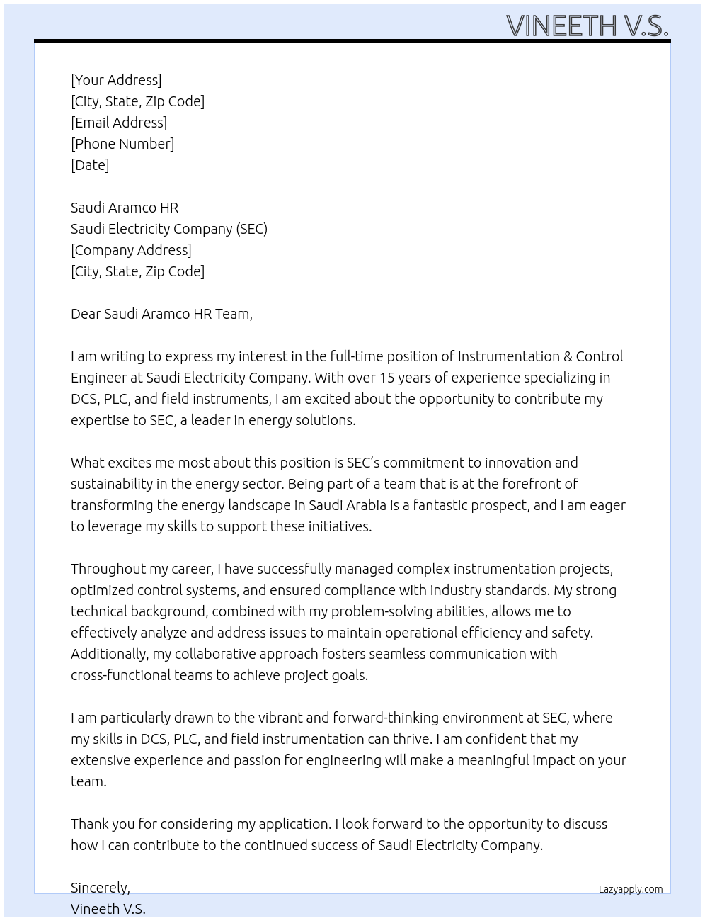 Cover letter for instrumentation & control engineer-15+ years - LazyApply