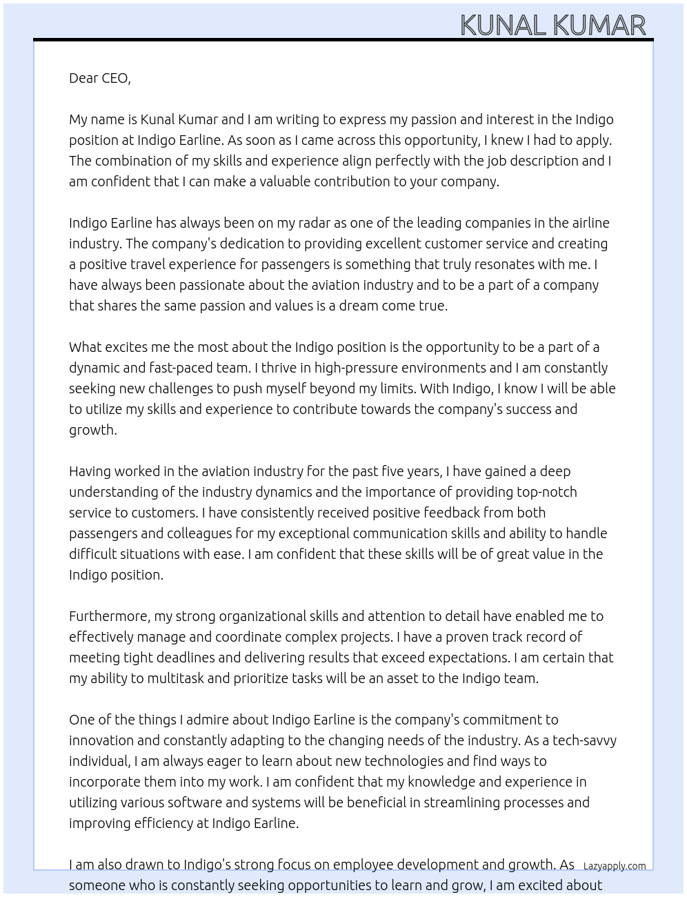 Indigo At Indigo earline Cover Letter