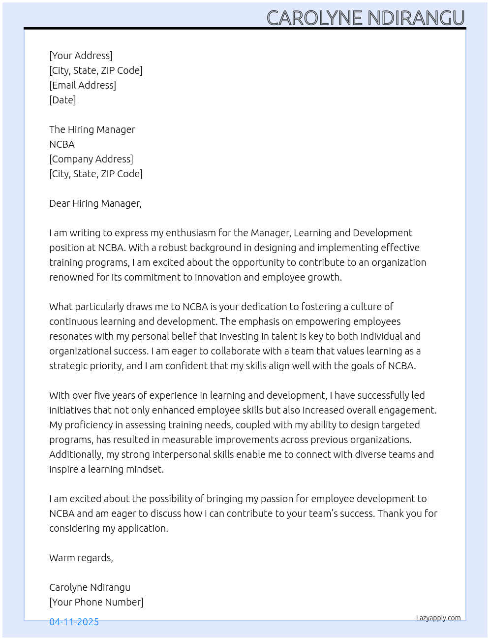 Cover letter for manager, learning and development - LazyApply
