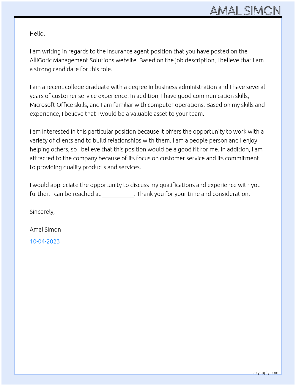 Insurance Agent At AlliGoric Management Solutions Cover Letter