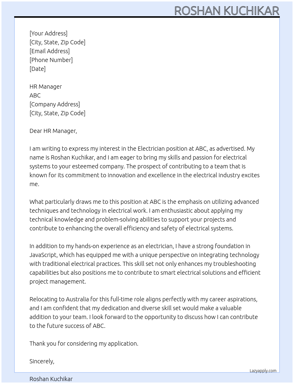 Electrician At ABC Cover Letter