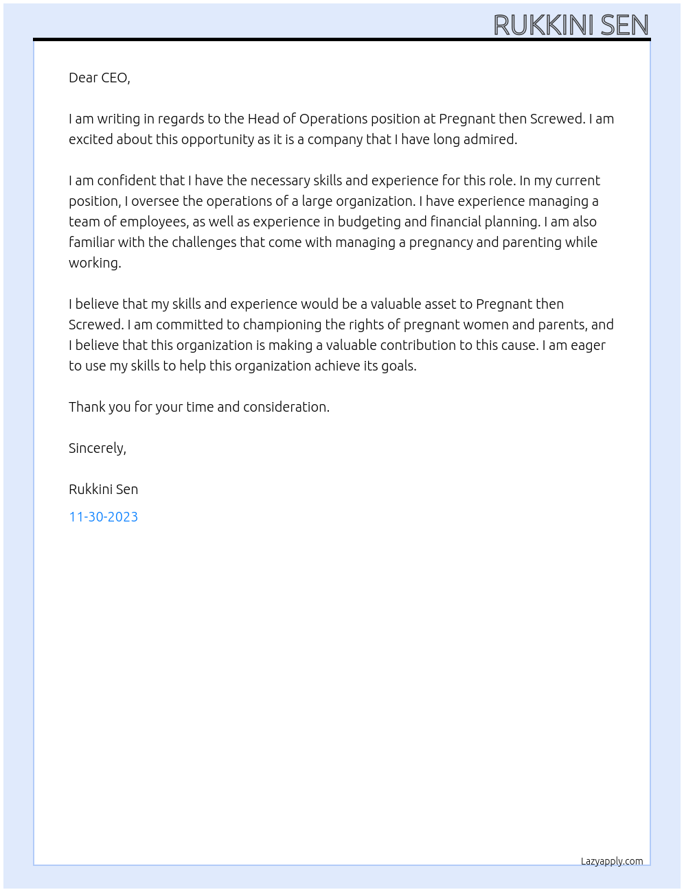Head of Operations At Pregnant then Screwed Cover Letter