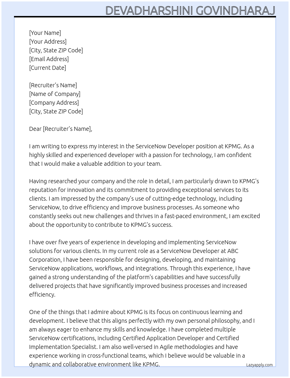 ServiceNow Developer At KPMG Cover Letter