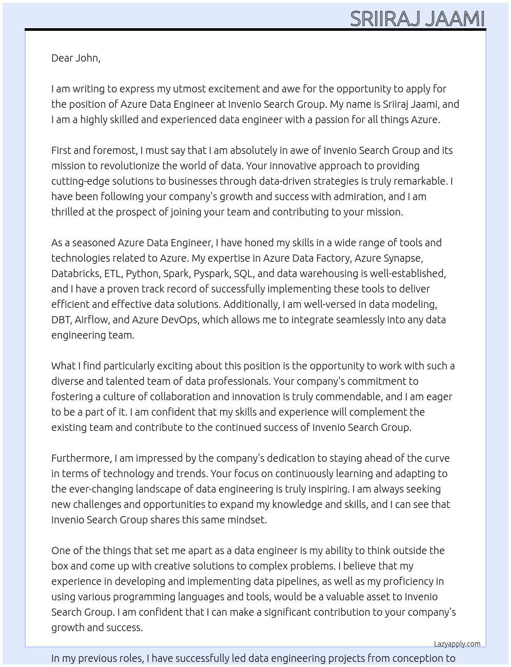 Azure Data Engineer At Invenio Search Group Cover Letter