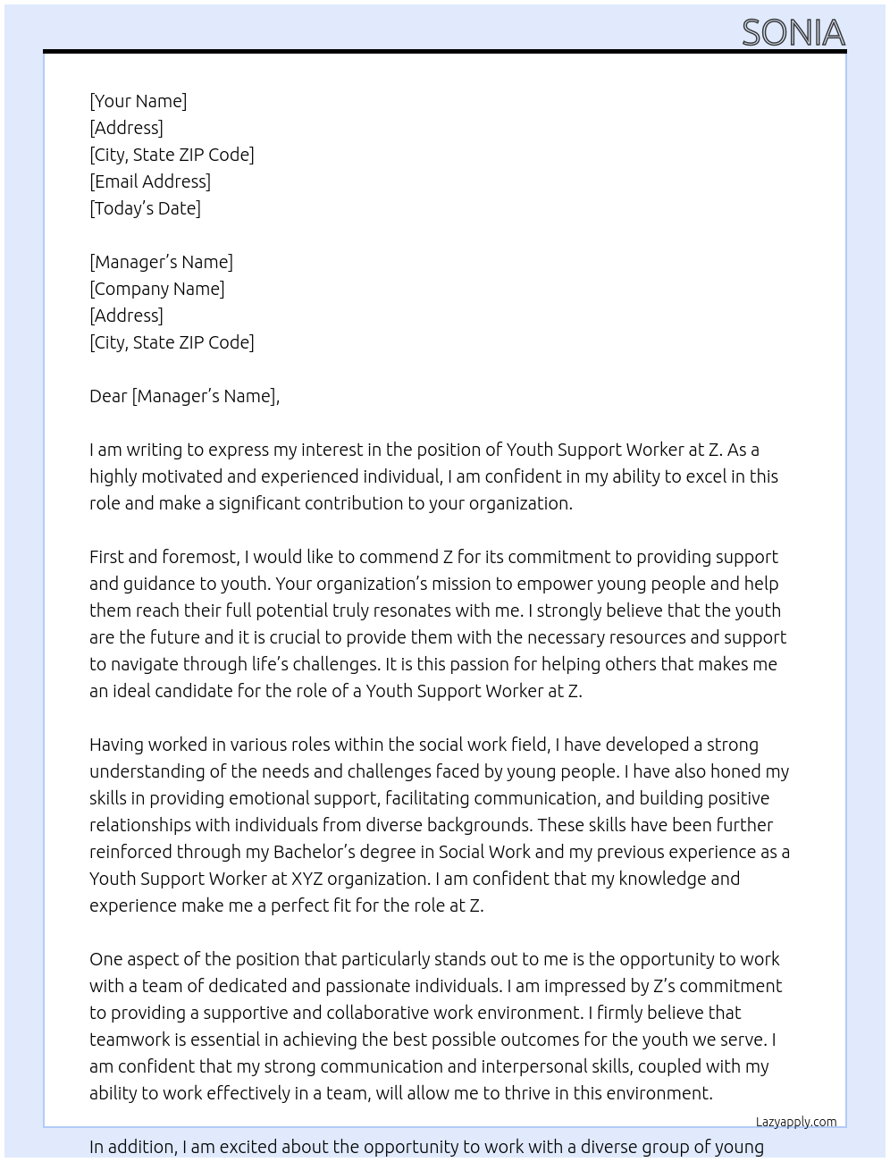 YOUTH SUPPORT WORKER At Z Cover Letter