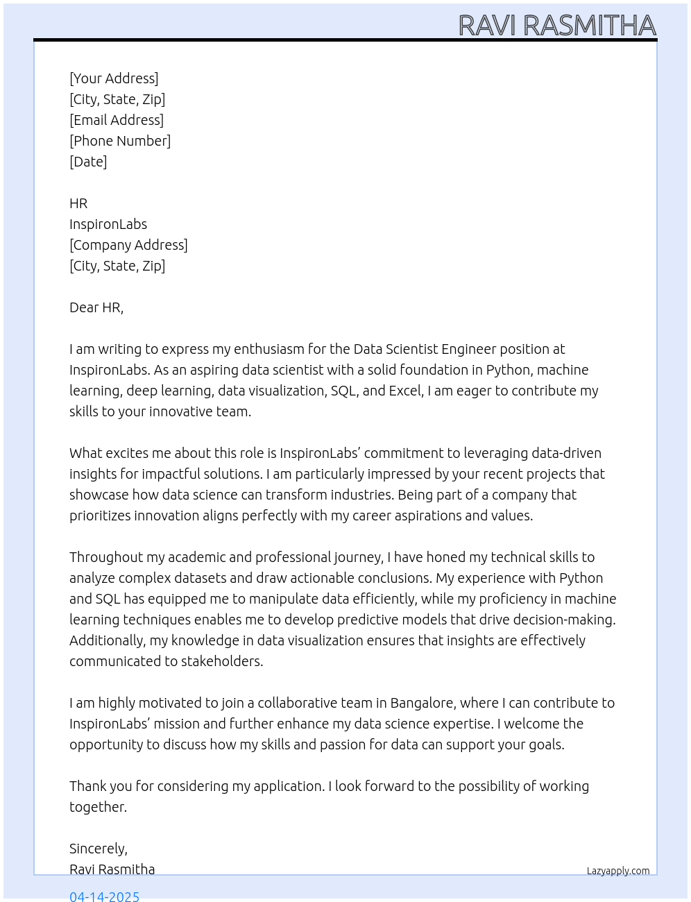 Data Scientist Engineer At InspironLabs Cover Letter