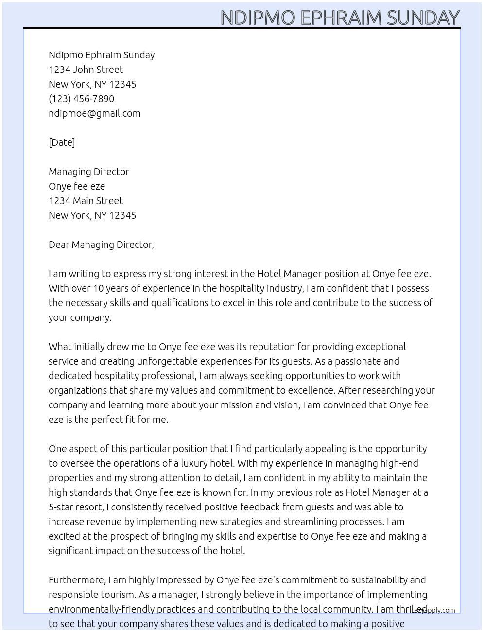 Hotel manager At Onye fee eze Cover Letter