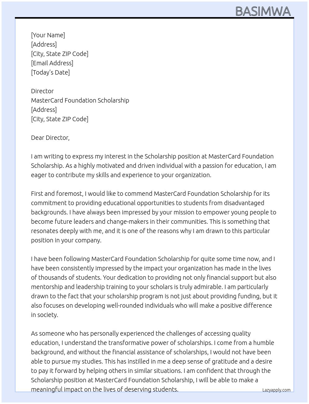 Scholarship At MasterCard foundation scholarship Cover Letter