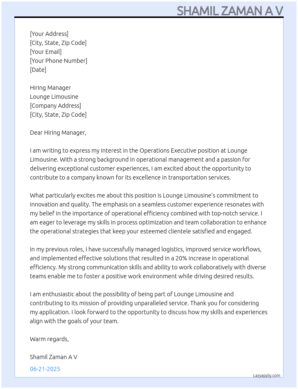Operations executive At lounge limousine Cover Letter