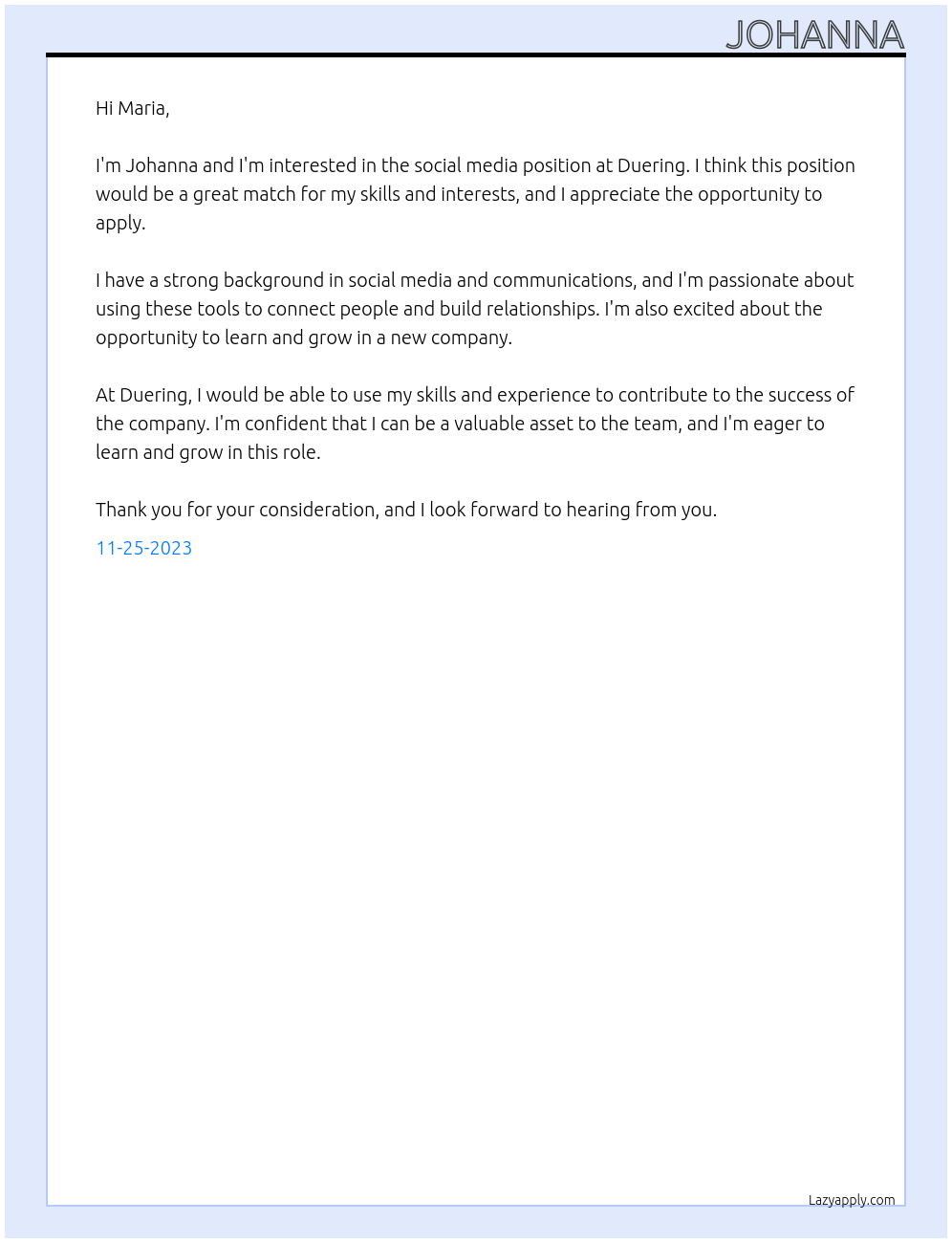 Social Media  At Duering Cover Letter