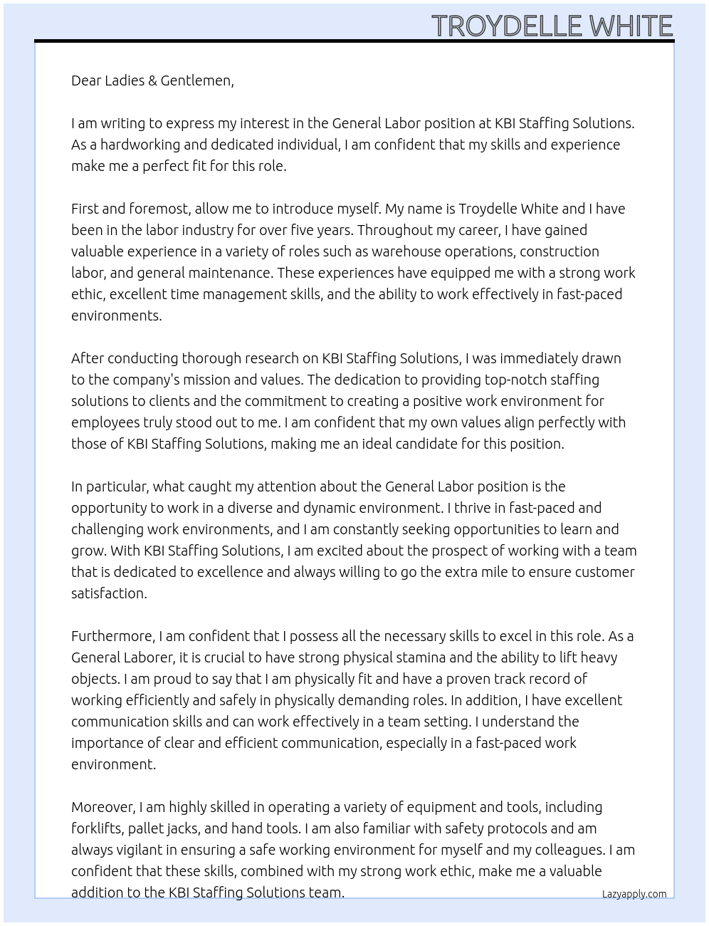 General Labor At KBI Staffing Solutions Miami Beach, FL 33139 KBI Staffing Solutions Cover Letter