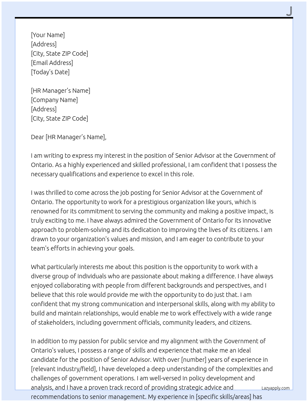 Senior advisor  At Government of Ontario  Cover Letter