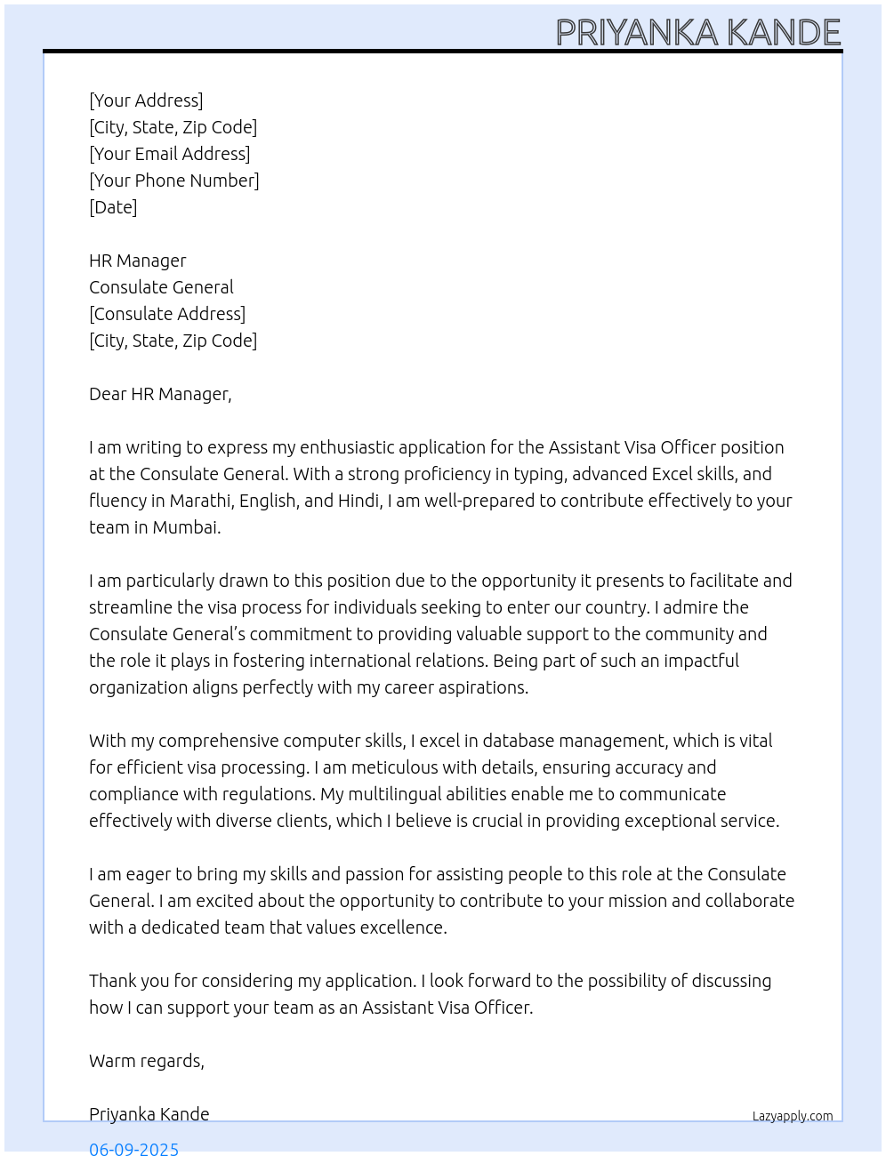 ASSISTANT VISA OFFICER At CONSULATE GENERAL  Cover Letter