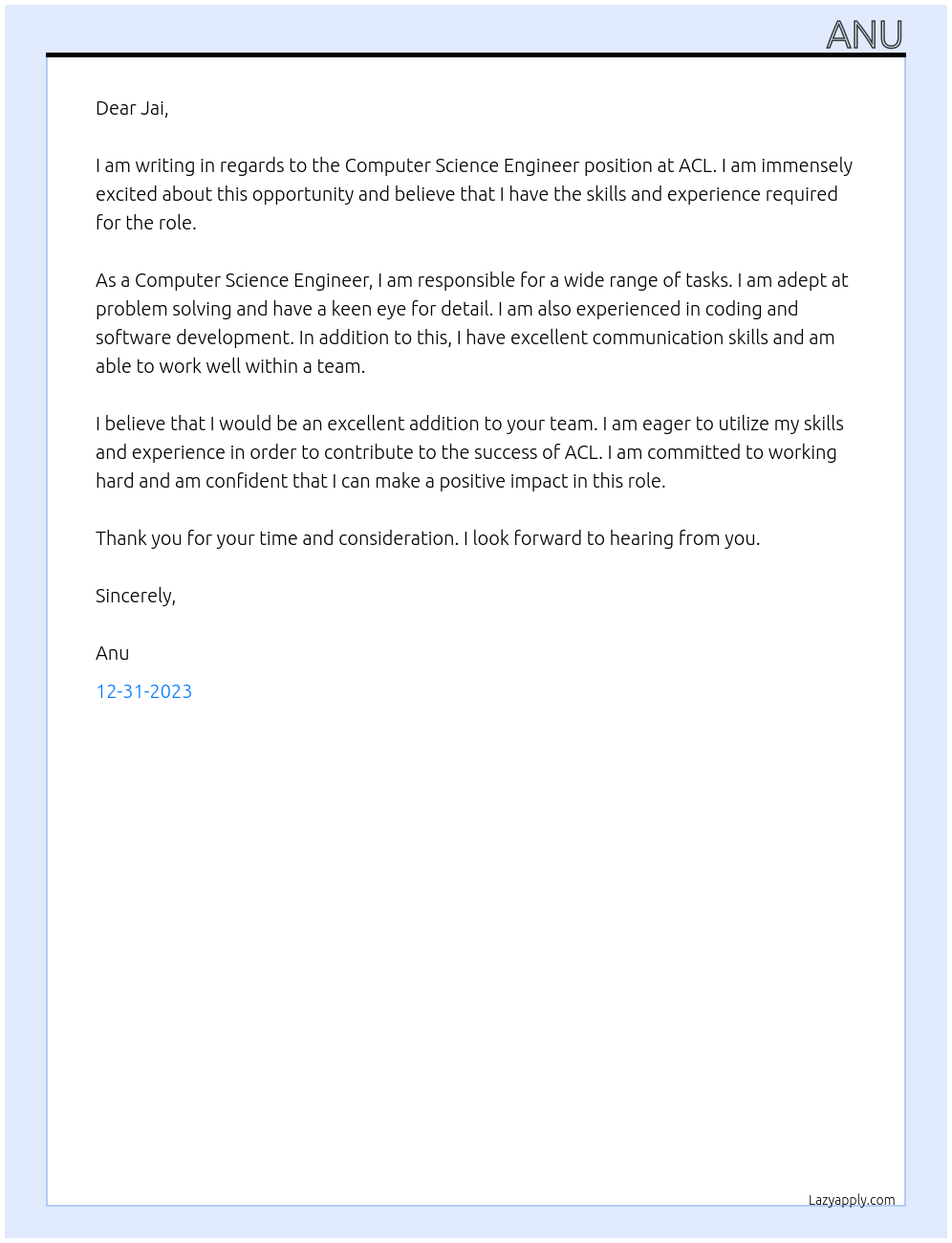 Computer Science Engineer At ACL Cover Letter