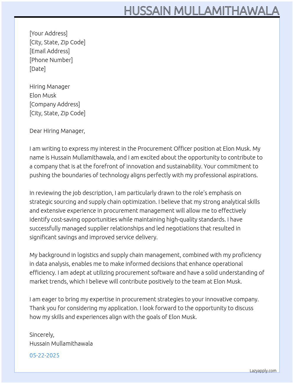 pROCUREMENT oFFICER At Elon Musk Cover Letter